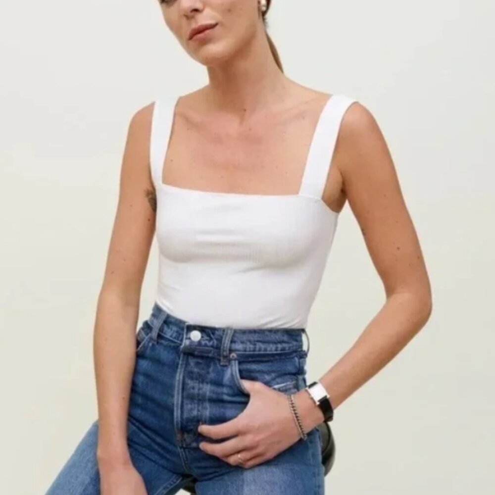 Reformation White Square Neck Ribbed Canyon Tank Top Size XS